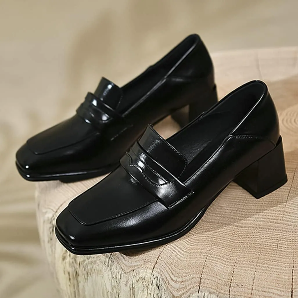 Shinelly Women Chunky Loafers Square Toe Block Heel Pumps Mid Heels