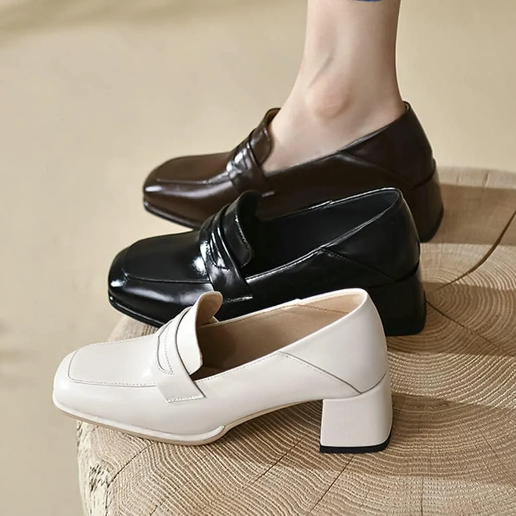 Shinelly Women Chunky Loafers Square Toe Block Heel Pumps Mid Heels