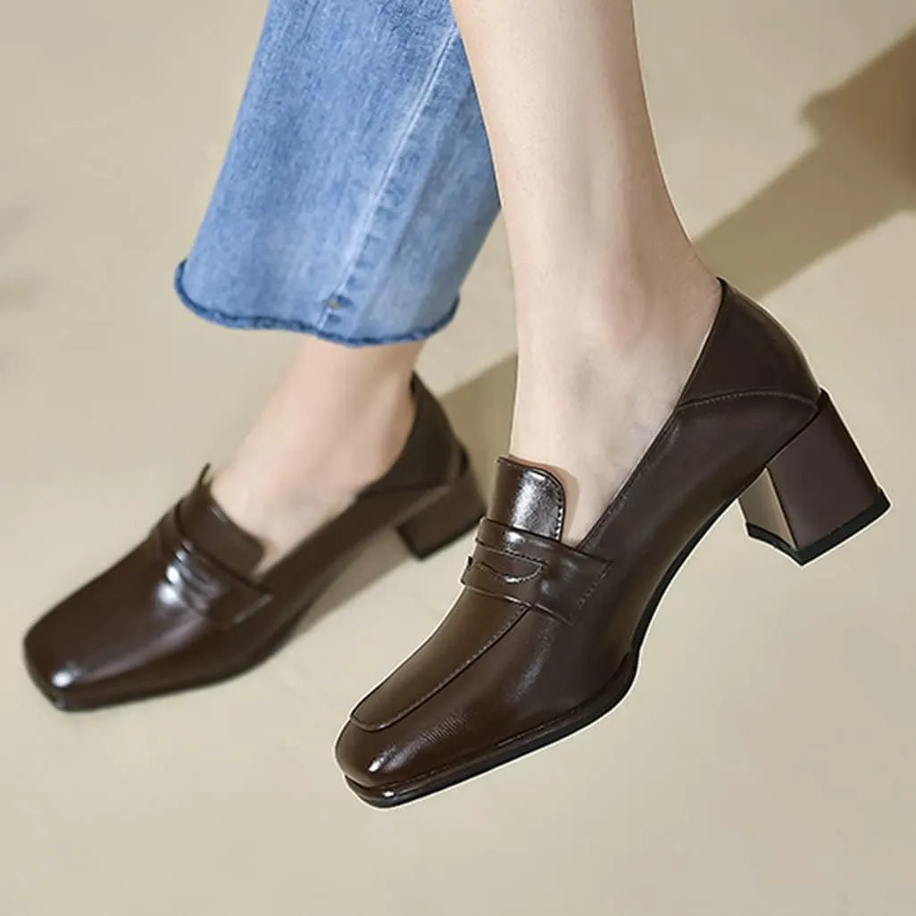 Shinelly Women Chunky Loafers Square Toe Block Heel Pumps Mid Heels