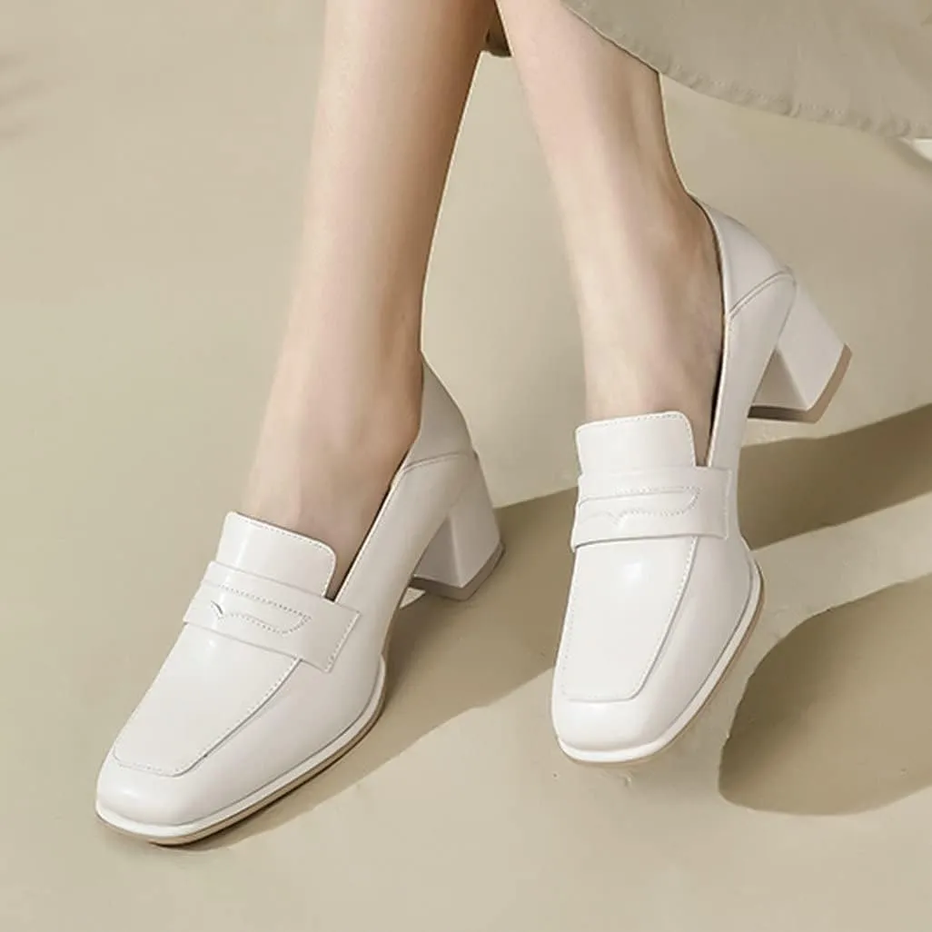 Shinelly Women Chunky Loafers Square Toe Block Heel Pumps Mid Heels