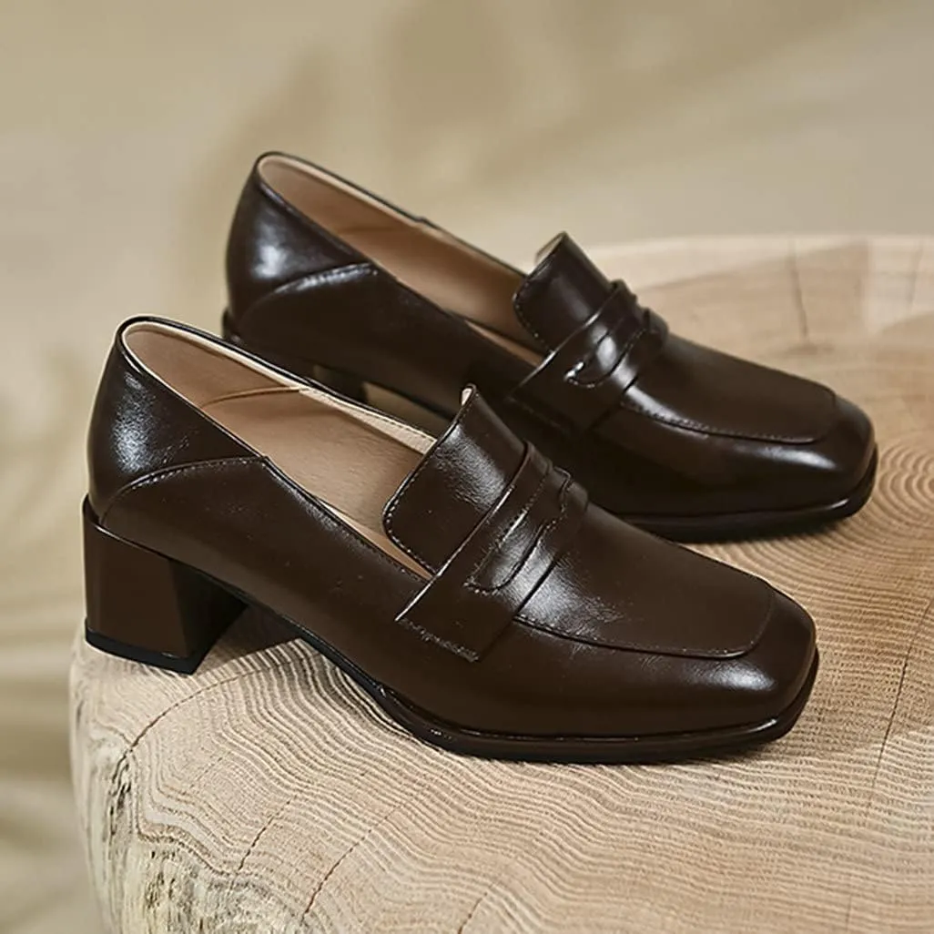 Shinelly Women Chunky Loafers Square Toe Block Heel Pumps Mid Heels