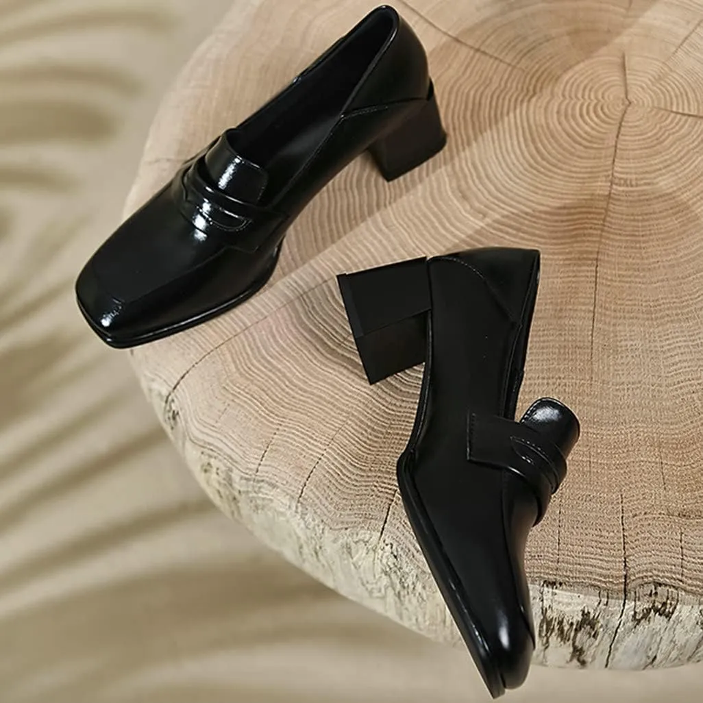 Shinelly Women Chunky Loafers Square Toe Block Heel Pumps Mid Heels