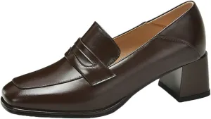 Shinelly Women Chunky Loafers Square Toe Block Heel Pumps Mid Heels