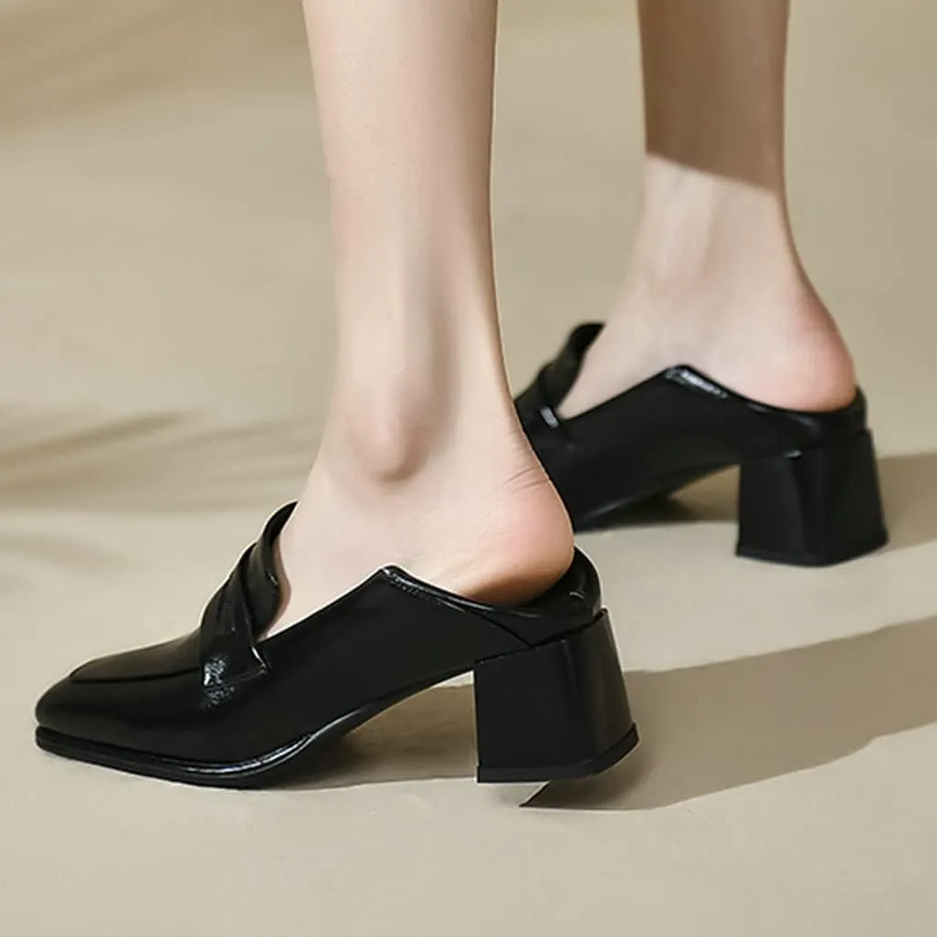 Shinelly Women Chunky Loafers Square Toe Block Heel Pumps Mid Heels