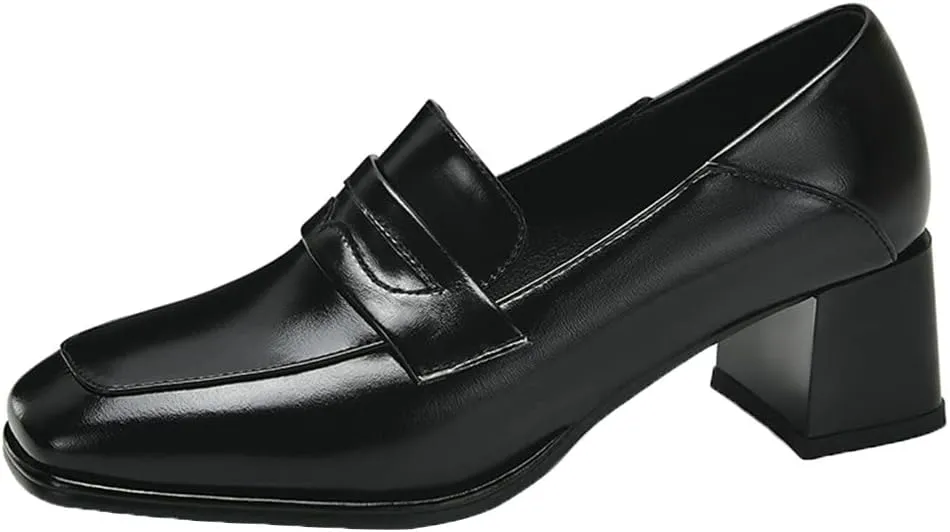 Shinelly Women Chunky Loafers Square Toe Block Heel Pumps Mid Heels