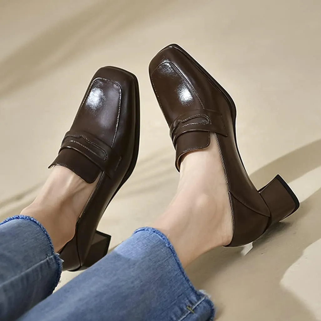 Shinelly Women Chunky Loafers Square Toe Block Heel Pumps Mid Heels