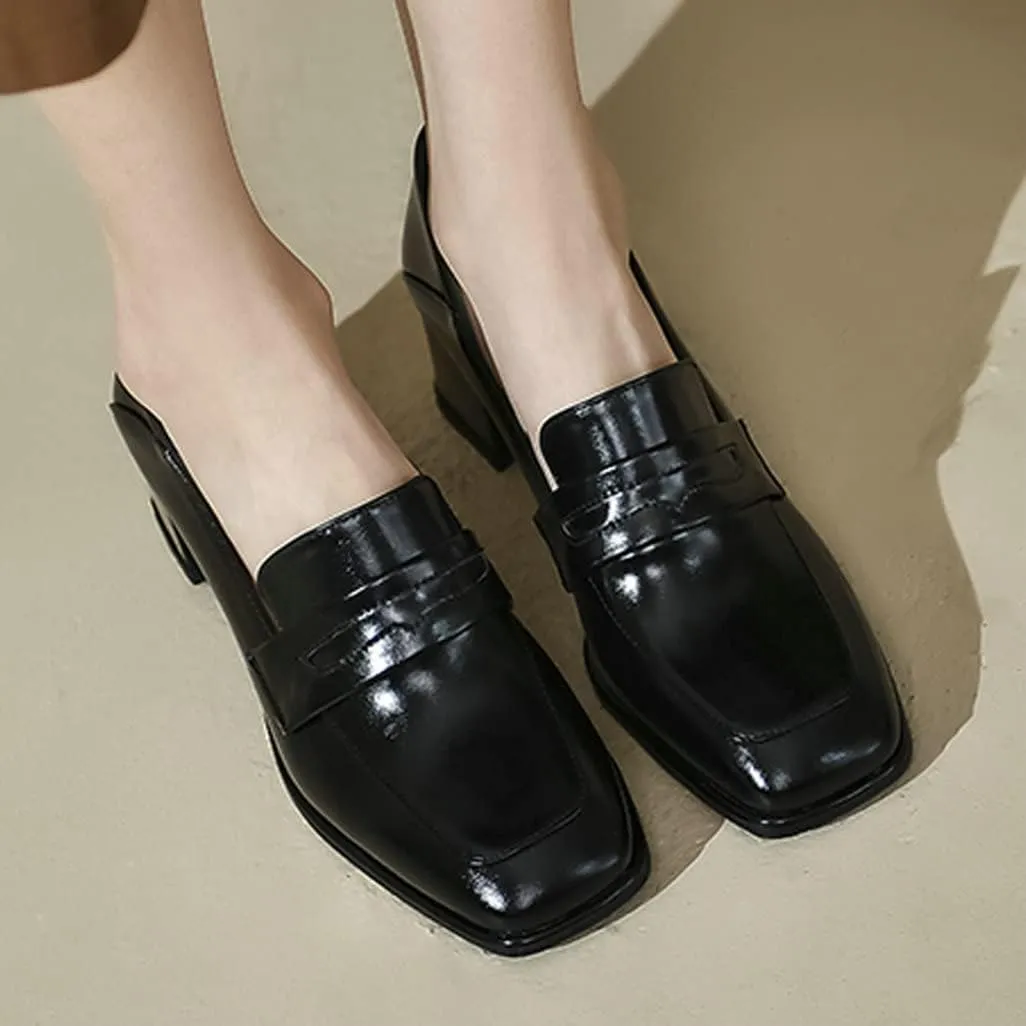Shinelly Women Chunky Loafers Square Toe Block Heel Pumps Mid Heels