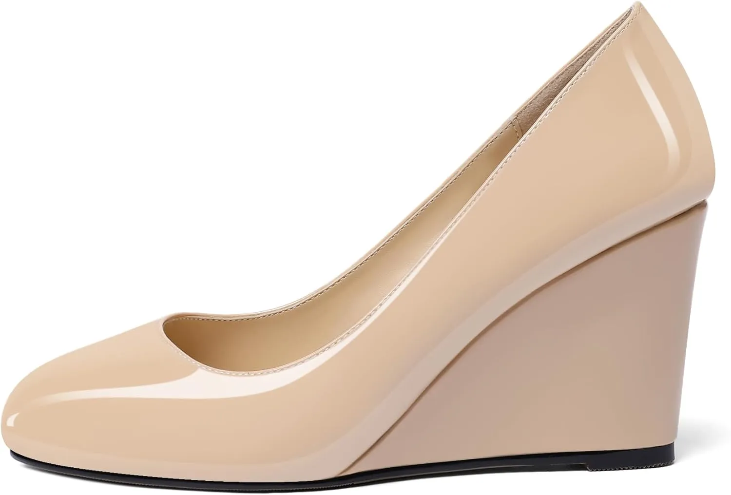 Soireelady Women Round Toe Wedges Closed Toe High Heel Pumps Slip On Wedge Heels Patent Leather Office Work Heels Elegant Dress Shoes