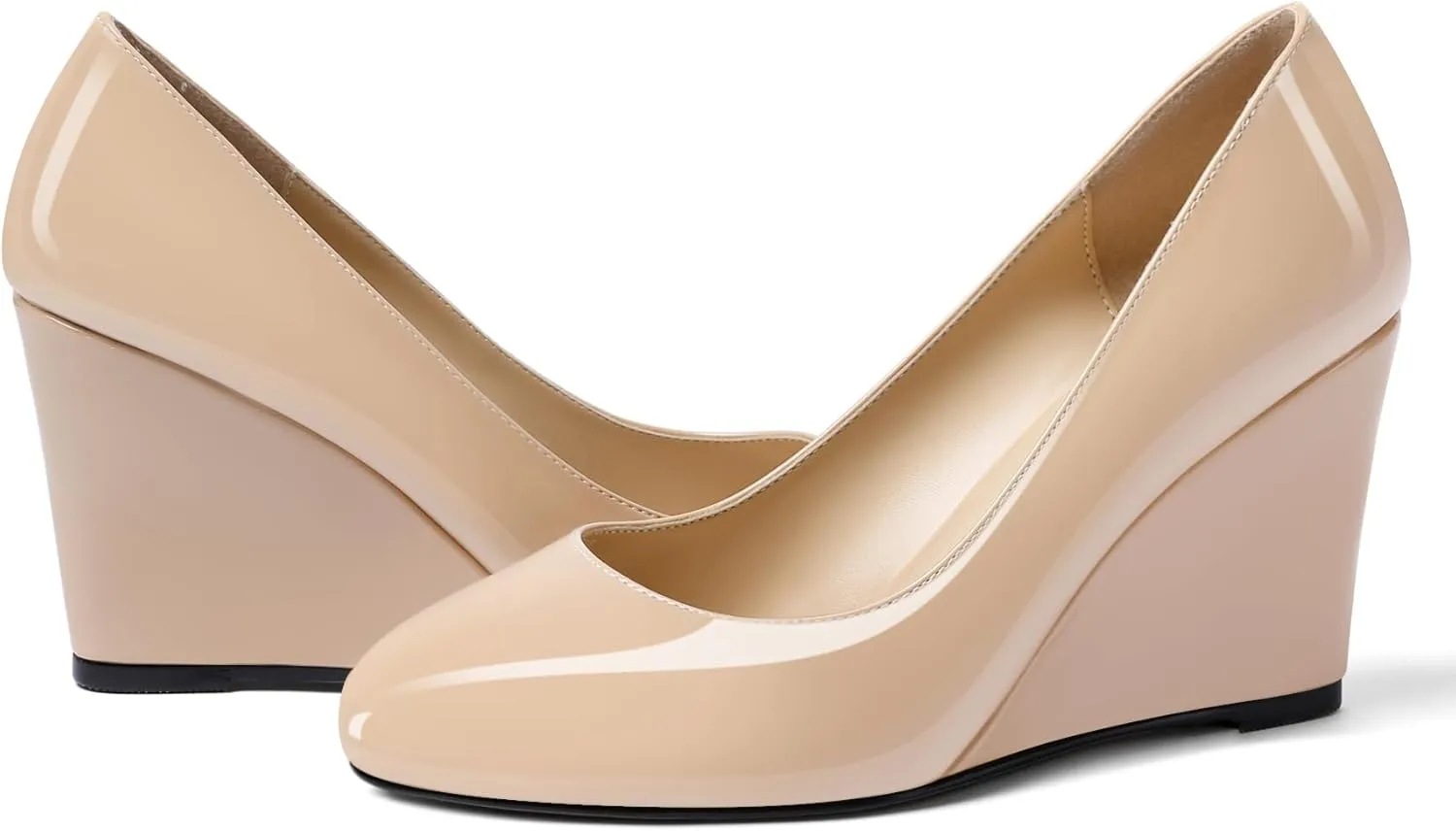 Soireelady Women Round Toe Wedges Closed Toe High Heel Pumps Slip On Wedge Heels Patent Leather Office Work Heels Elegant Dress Shoes