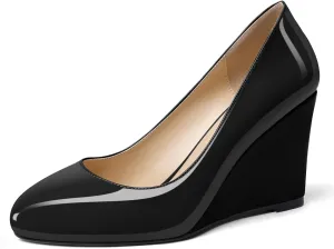 Soireelady Women Round Toe Wedges Closed Toe High Heel Pumps Slip On Wedge Heels Patent Leather Office Work Heels Elegant Dress Shoes