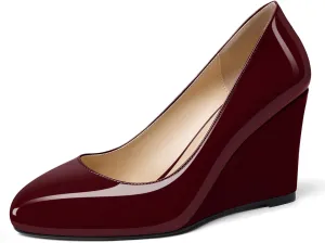 Soireelady Women Round Toe Wedges Closed Toe High Heel Pumps Slip On Wedge Heels Patent Leather Office Work Heels Elegant Dress Shoes