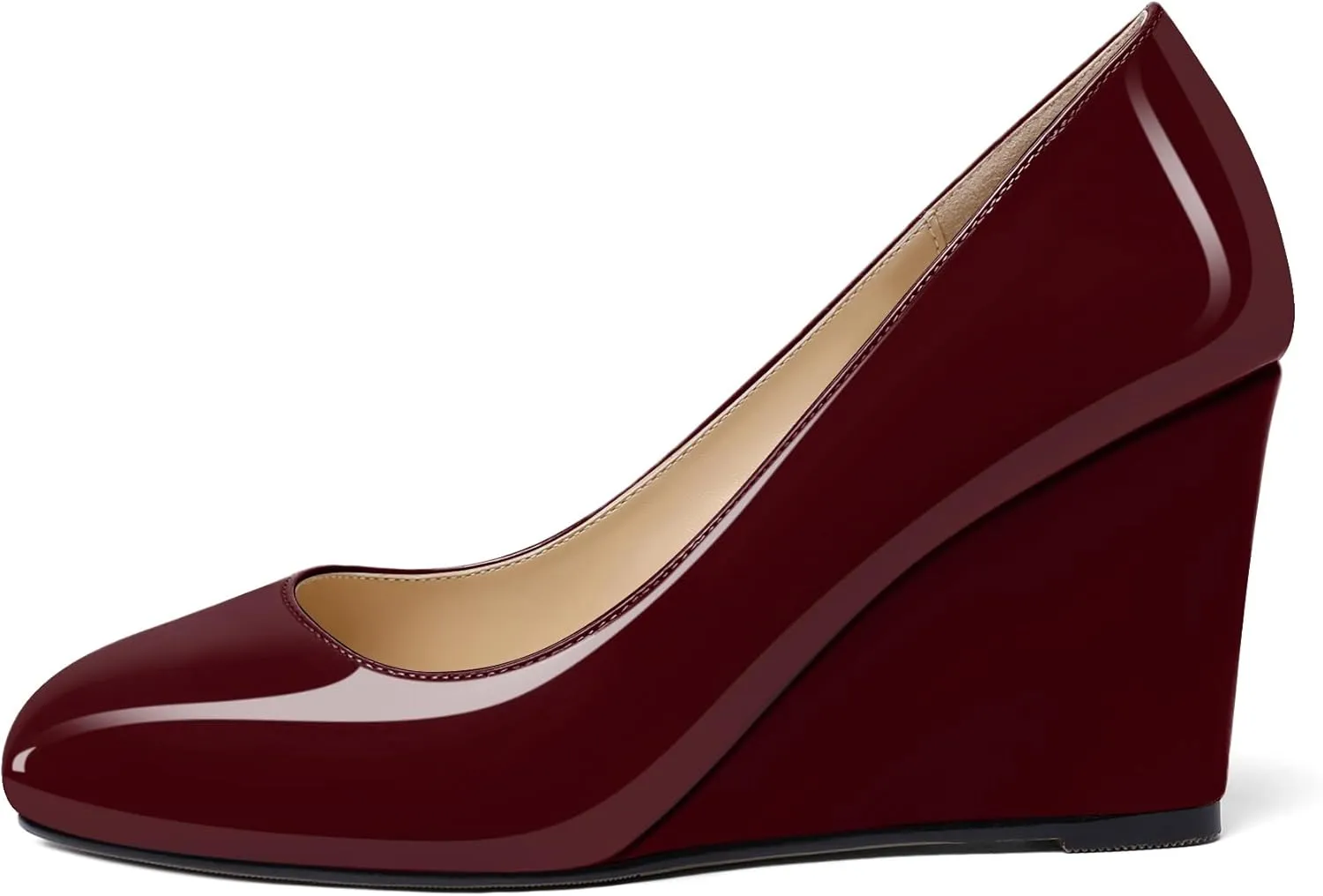 Soireelady Women Round Toe Wedges Closed Toe High Heel Pumps Slip On Wedge Heels Patent Leather Office Work Heels Elegant Dress Shoes
