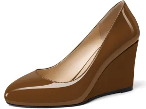 Soireelady Women Round Toe Wedges Closed Toe High Heel Pumps Slip On Wedge Heels Patent Leather Office Work Heels Elegant Dress Shoes