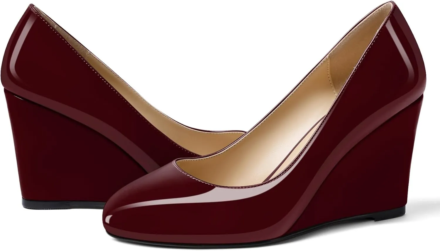 Soireelady Women Round Toe Wedges Closed Toe High Heel Pumps Slip On Wedge Heels Patent Leather Office Work Heels Elegant Dress Shoes