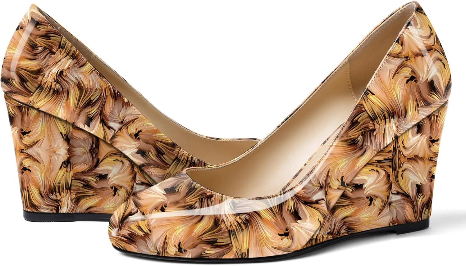 Soireelady Women Round Toe Wedges Closed Toe High Heel Pumps Slip On Wedge Heels Patent Leather Office Work Heels Elegant Dress Shoes