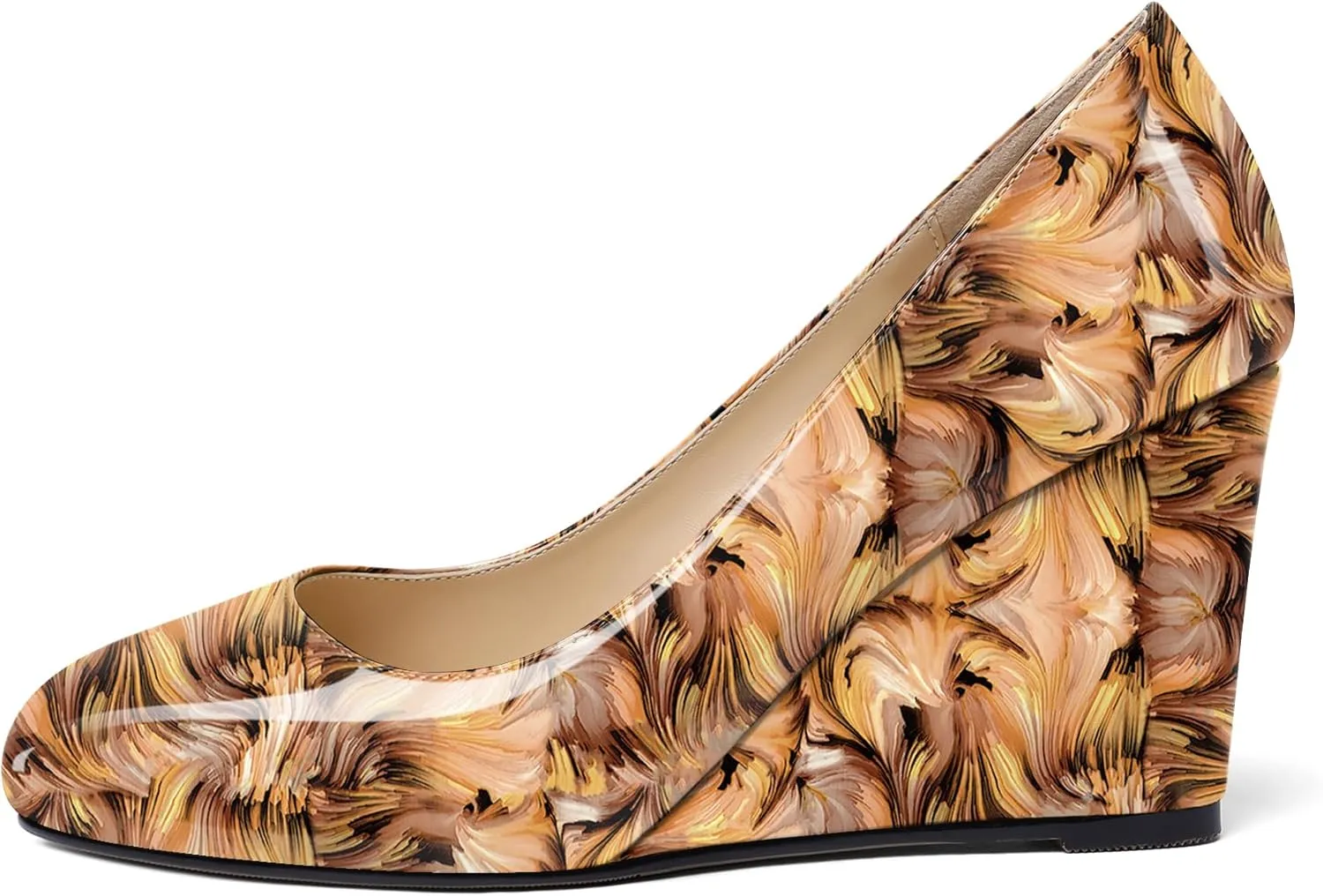Soireelady Women Round Toe Wedges Closed Toe High Heel Pumps Slip On Wedge Heels Patent Leather Office Work Heels Elegant Dress Shoes
