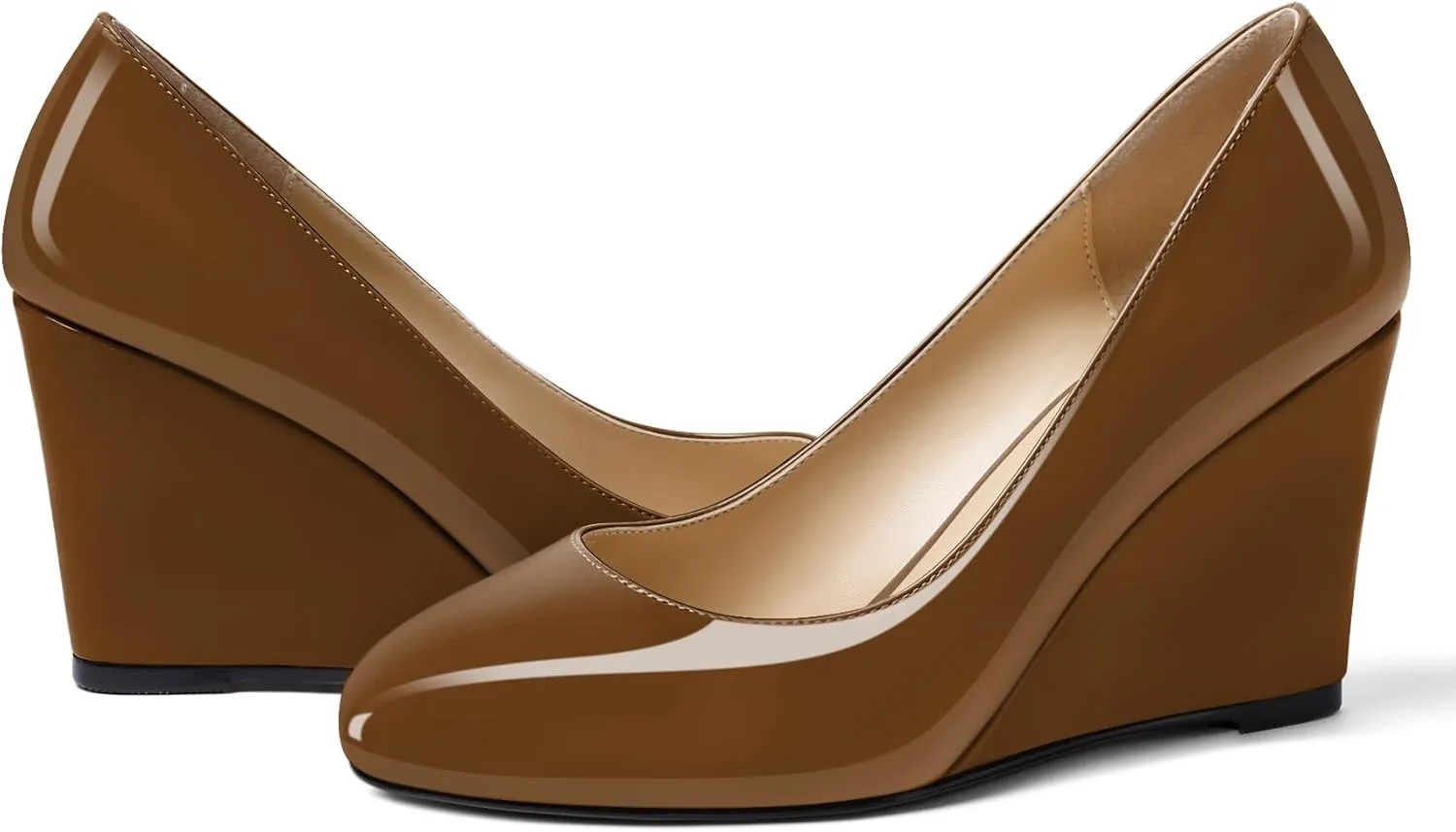 Soireelady Women Round Toe Wedges Closed Toe High Heel Pumps Slip On Wedge Heels Patent Leather Office Work Heels Elegant Dress Shoes