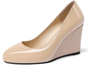 Soireelady Women Round Toe Wedges Closed Toe High Heel Pumps Slip On Wedge Heels Patent Leather Office Work Heels Elegant Dress Shoes