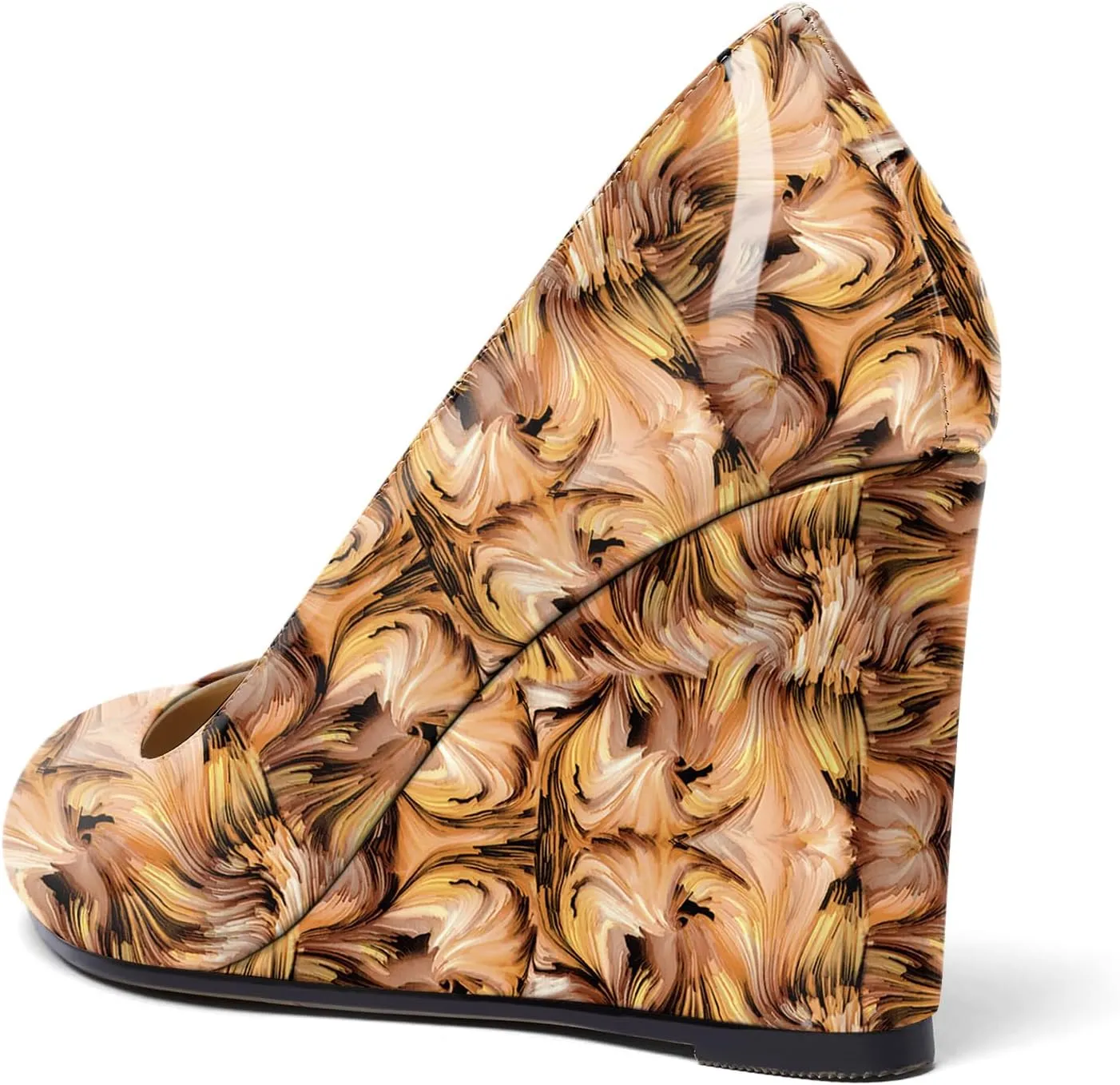 Soireelady Women Round Toe Wedges Closed Toe High Heel Pumps Slip On Wedge Heels Patent Leather Office Work Heels Elegant Dress Shoes