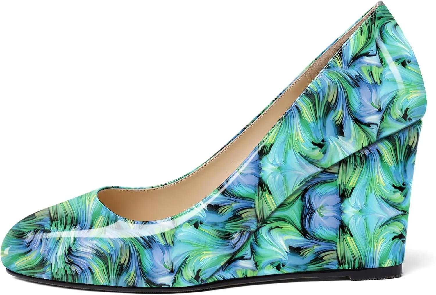 Soireelady Women Round Toe Wedges Closed Toe High Heel Pumps Slip On Wedge Heels Patent Leather Office Work Heels Elegant Dress Shoes