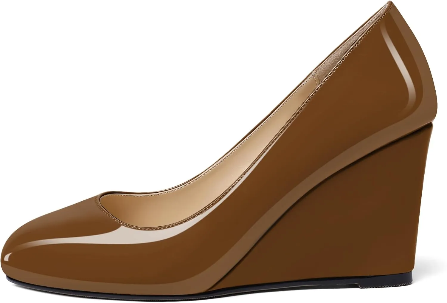 Soireelady Women Round Toe Wedges Closed Toe High Heel Pumps Slip On Wedge Heels Patent Leather Office Work Heels Elegant Dress Shoes