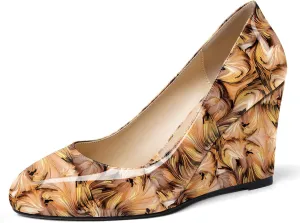 Soireelady Women Round Toe Wedges Closed Toe High Heel Pumps Slip On Wedge Heels Patent Leather Office Work Heels Elegant Dress Shoes