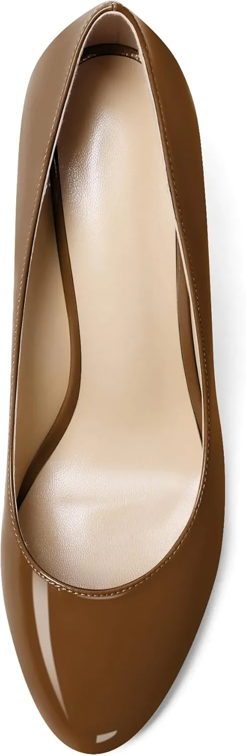 Soireelady Women Round Toe Wedges Closed Toe High Heel Pumps Slip On Wedge Heels Patent Leather Office Work Heels Elegant Dress Shoes
