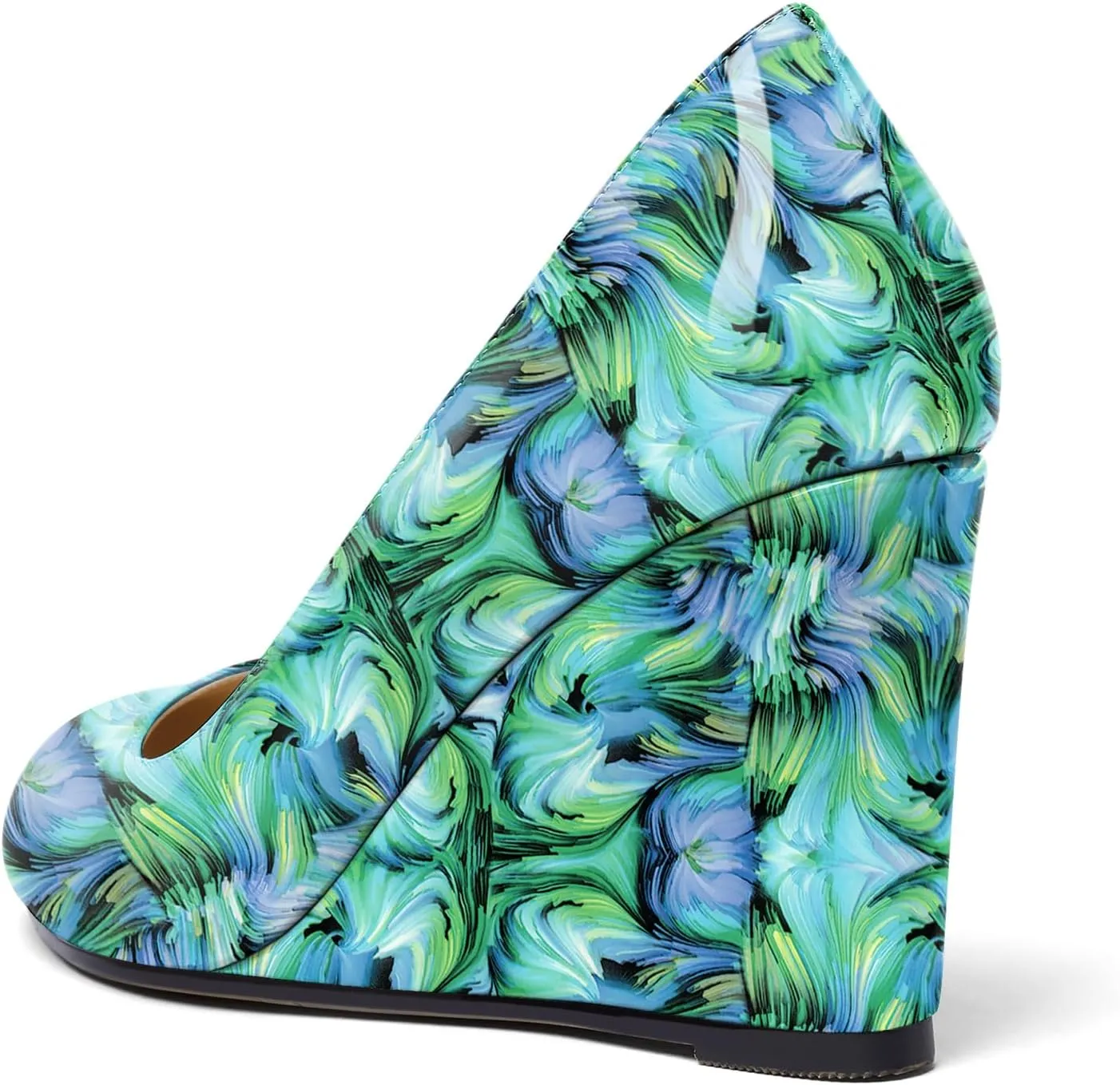 Soireelady Women Round Toe Wedges Closed Toe High Heel Pumps Slip On Wedge Heels Patent Leather Office Work Heels Elegant Dress Shoes