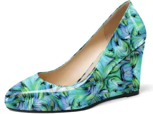 Soireelady Women Round Toe Wedges Closed Toe High Heel Pumps Slip On Wedge Heels Patent Leather Office Work Heels Elegant Dress Shoes