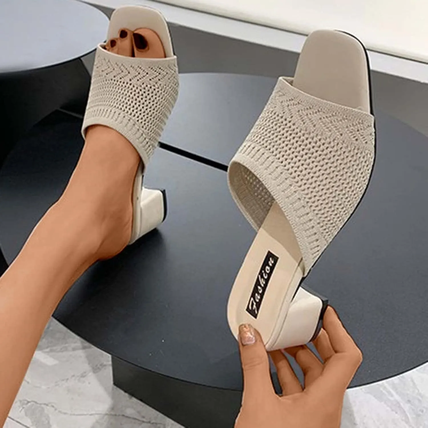 Square Toe Sandals for Women Slip on Dressy Slides Chunky Low Heel Sandal Comfort Summer Shoes Office Work
