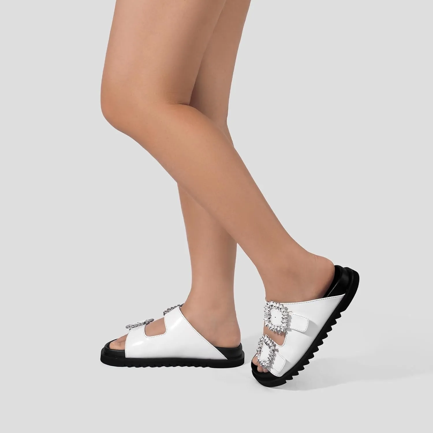STUNAHOME Women's Flat Platform Sandals Adjustable Double Strap Slip on Leather Open Toe Footbed Sandals