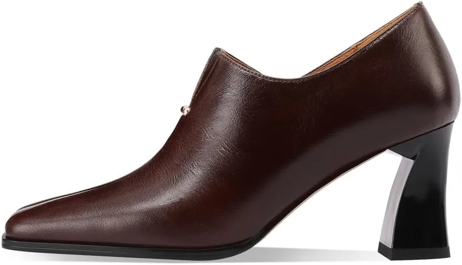 TinaCus Genuine Leather Handmade Side Zipper Women's Square Toe Mid Spool Heels Trendy Pumps Shoes