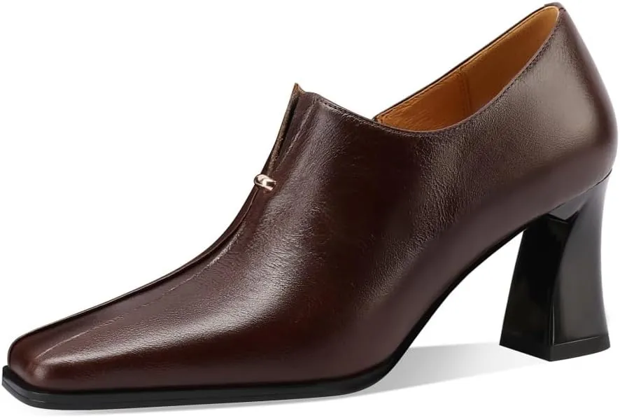 TinaCus Genuine Leather Handmade Side Zipper Women's Square Toe Mid Spool Heels Trendy Pumps Shoes