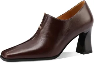 TinaCus Genuine Leather Handmade Side Zipper Women's Square Toe Mid Spool Heels Trendy Pumps Shoes