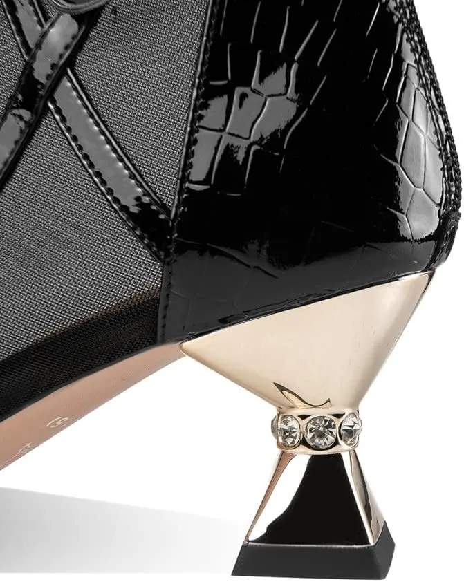 TinaCus Patent Leather & Breathable Mesh Women's Pointed Toe Handmade Flower Mid Heels Zip Up Ankle Boots