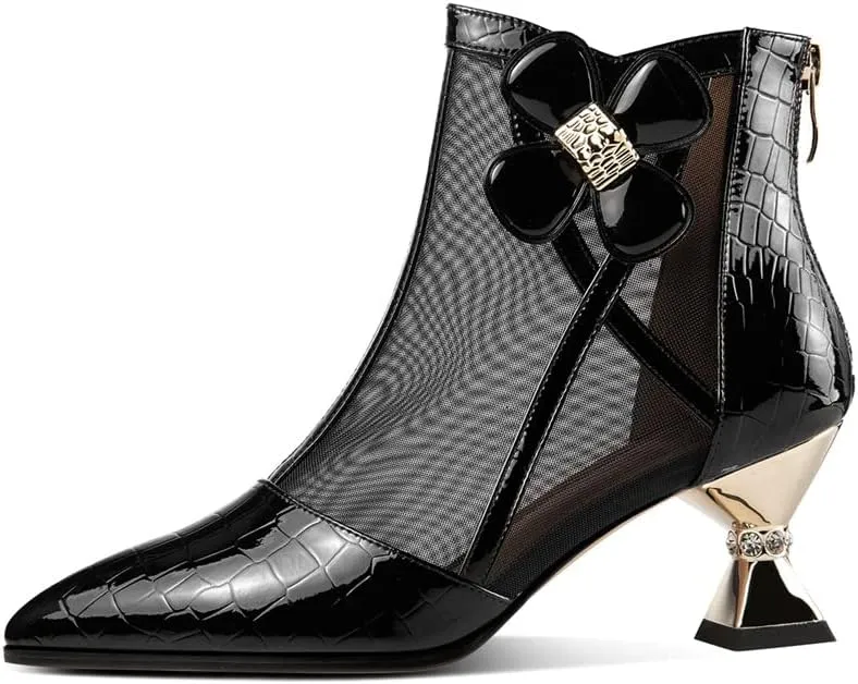 TinaCus Patent Leather & Breathable Mesh Women's Pointed Toe Handmade Flower Mid Heels Zip Up Ankle Boots