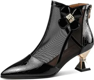 TinaCus Patent Leather & Breathable Mesh Women's Pointed Toe Handmade Flower Mid Heels Zip Up Ankle Boots