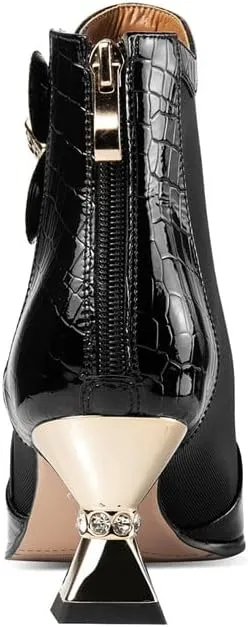 TinaCus Patent Leather & Breathable Mesh Women's Pointed Toe Handmade Flower Mid Heels Zip Up Ankle Boots