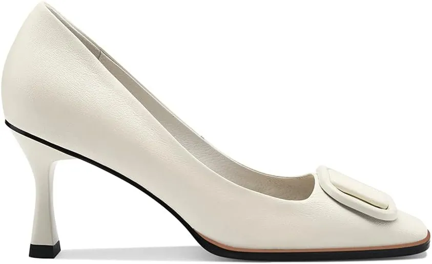 TinaCus Women's Genuine Leather Square Toe Handmade Stiletto Mid Heels Pumps Shoes with Buckle