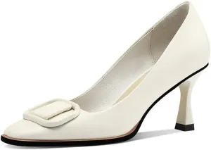 TinaCus Women's Genuine Leather Square Toe Handmade Stiletto Mid Heels Pumps Shoes with Buckle