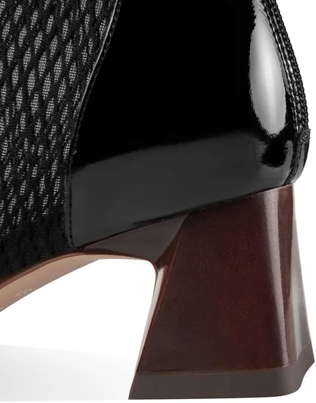 TinaCus Women's Square Toe Patent Leather & Mesh Handmade Selftie with Zipper Mid Chunky Heels Stylish Ankle Boots