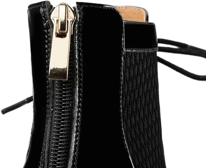 TinaCus Women's Square Toe Patent Leather & Mesh Handmade Selftie with Zipper Mid Chunky Heels Stylish Ankle Boots