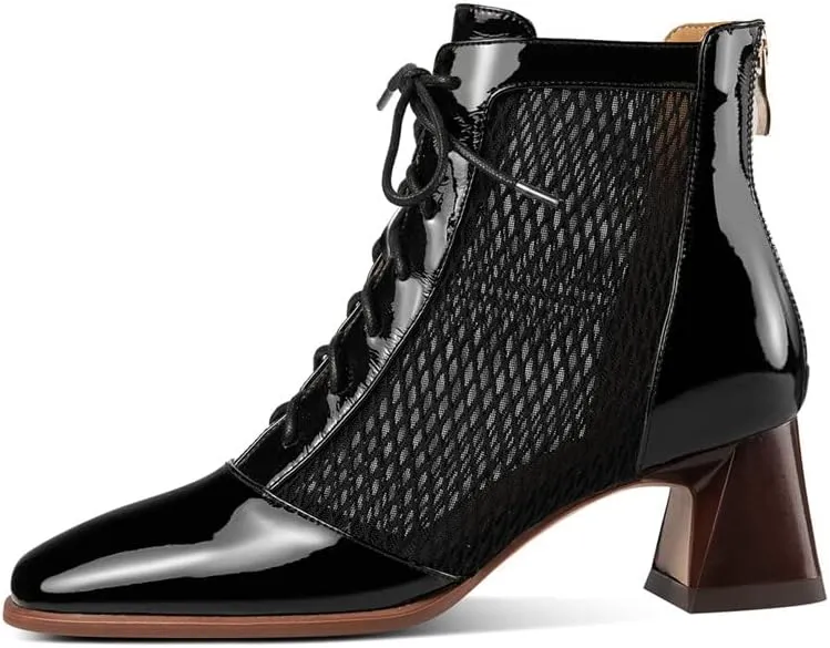 TinaCus Women's Square Toe Patent Leather & Mesh Handmade Selftie with Zipper Mid Chunky Heels Stylish Ankle Boots