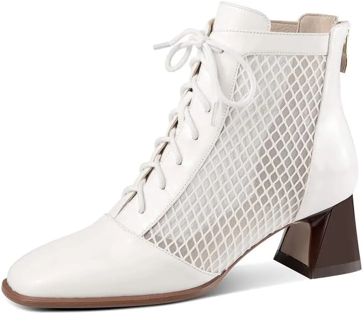 TinaCus Women's Square Toe Patent Leather & Mesh Handmade Selftie with Zipper Mid Chunky Heels Stylish Ankle Boots