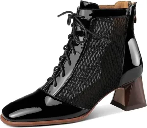 TinaCus Women's Square Toe Patent Leather & Mesh Handmade Selftie with Zipper Mid Chunky Heels Stylish Ankle Boots