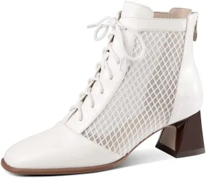 TinaCus Women's Square Toe Patent Leather & Mesh Handmade Selftie with Zipper Mid Chunky Heels Stylish Ankle Boots