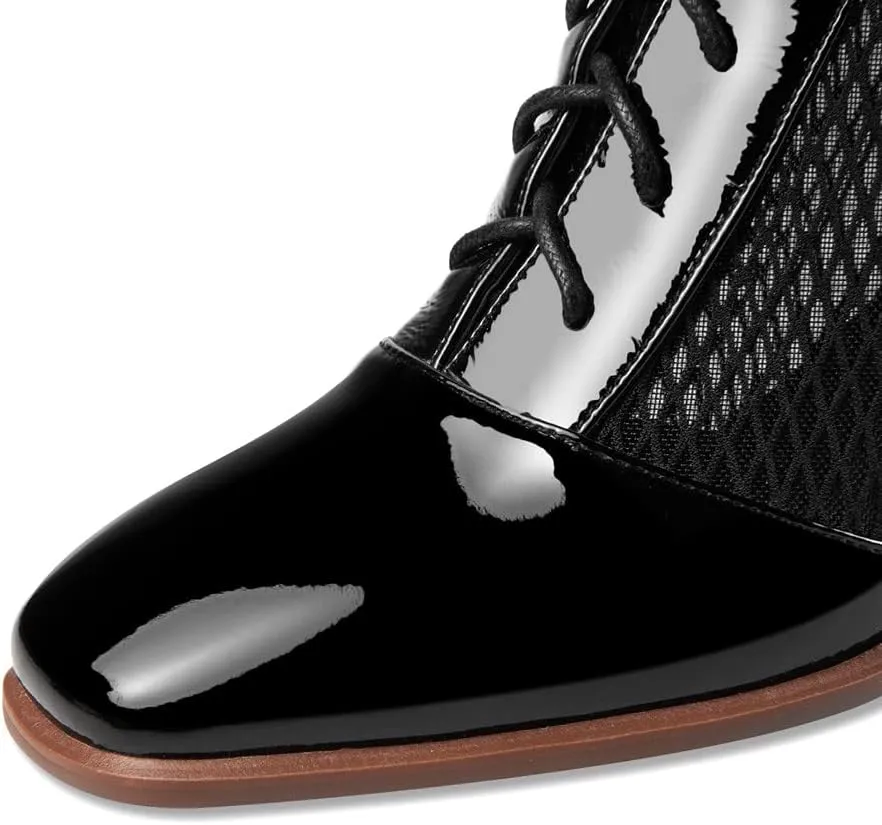 TinaCus Women's Square Toe Patent Leather & Mesh Handmade Selftie with Zipper Mid Chunky Heels Stylish Ankle Boots