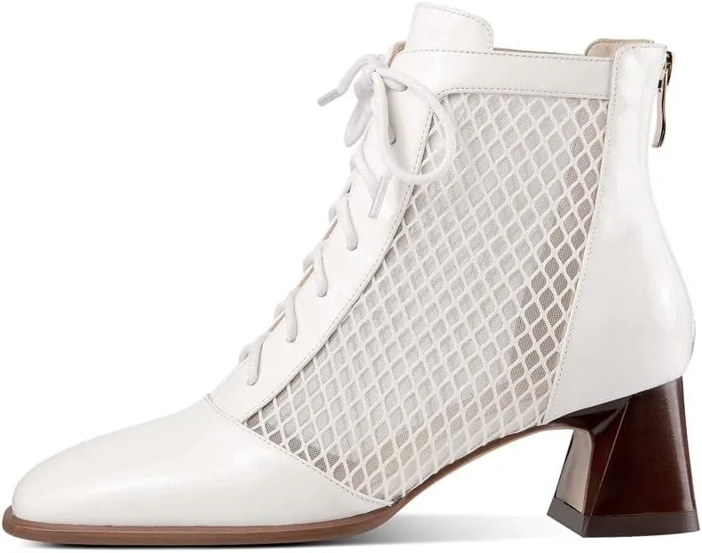 TinaCus Women's Square Toe Patent Leather & Mesh Handmade Selftie with Zipper Mid Chunky Heels Stylish Ankle Boots