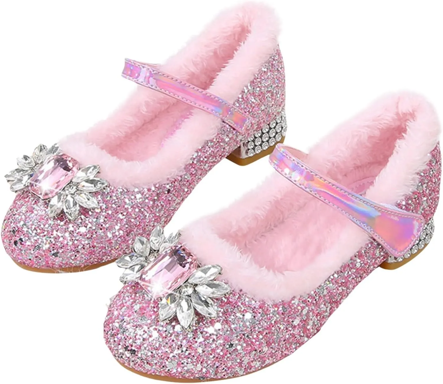 Toddler/Kids Girls Rhinestone Low Heel Dress Shoes Princess Mary Jane Shoes Beads Flower Wedding Party Glitter Shoes