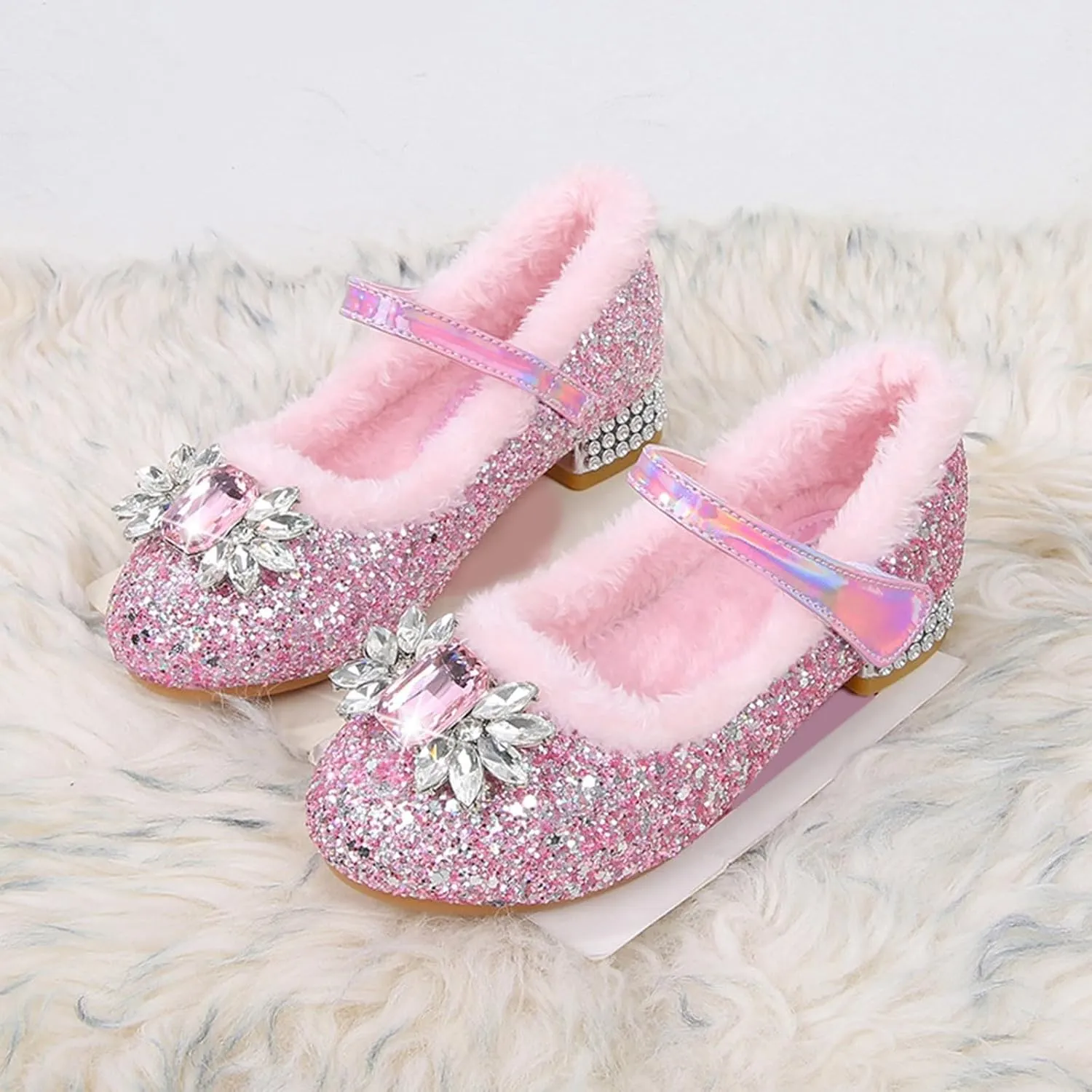 Toddler/Kids Girls Rhinestone Low Heel Dress Shoes Princess Mary Jane Shoes Beads Flower Wedding Party Glitter Shoes